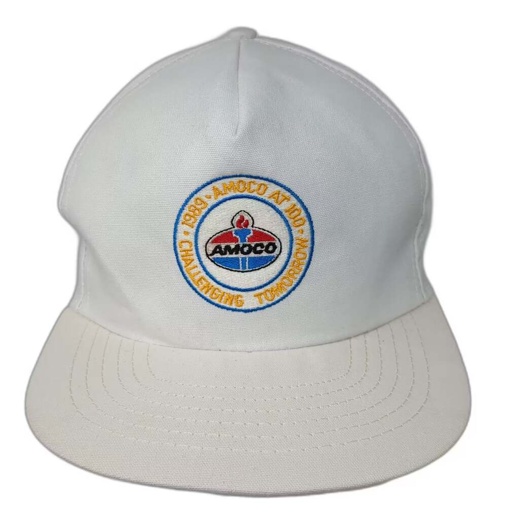 Amoco at 100 Challenging Tomorrow 1989 Trucker Snapback Hat White Yellow Vintage